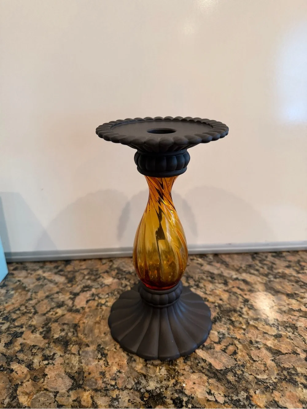 PartyLite Amber Glass Candle Stand with Matte Black Metal Base